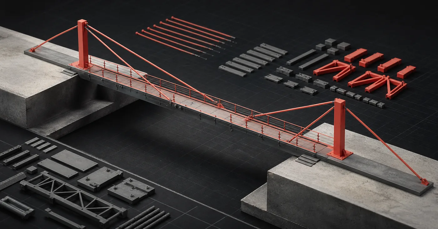 A complete minimal bridge with excess construction components set aside