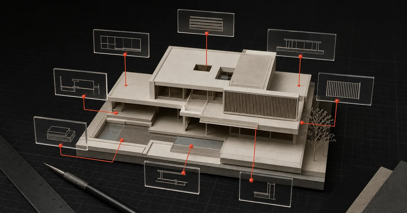 Transparent information plates connected to the visible parts of a service model