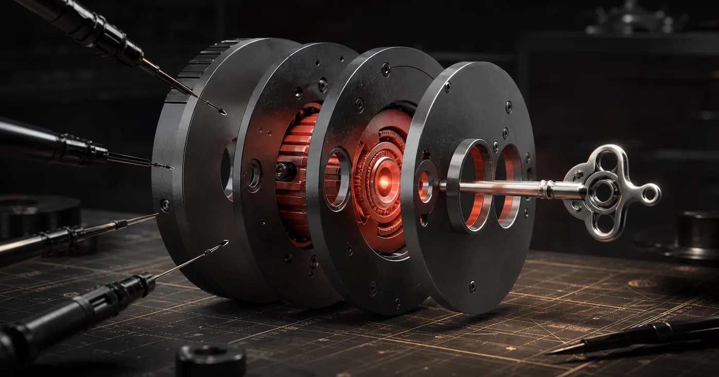 A valuable mechanical core protected by several aligned security layers